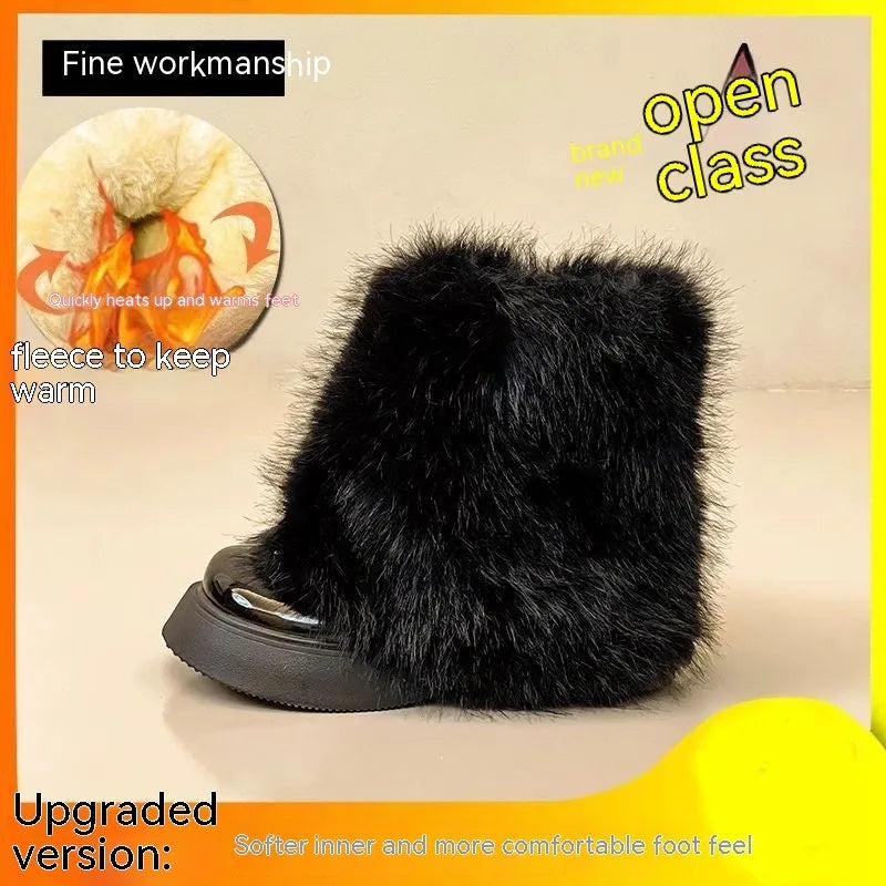 Women's black snow boots with fleece lining, waterproof platform, and rubber sole on a white background