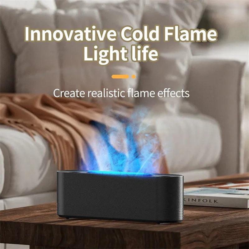 Black or white flame air humidifier with aroma diffuser and 7 colour LED lighting on table