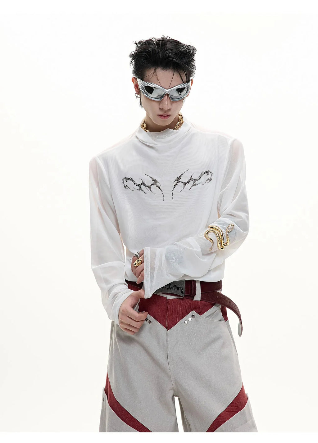Black and white long sleeve mesh slim fit shirt laid flat, showing mesh fabric texture.