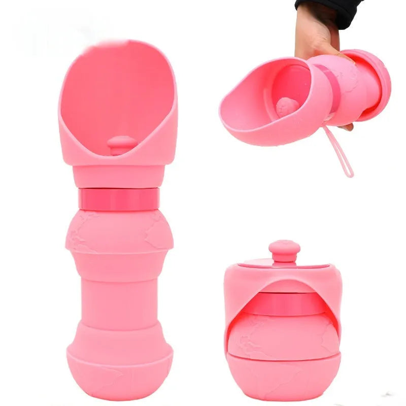 A folded and unfolded pink silicone water cup for dogs, showing its portable design.