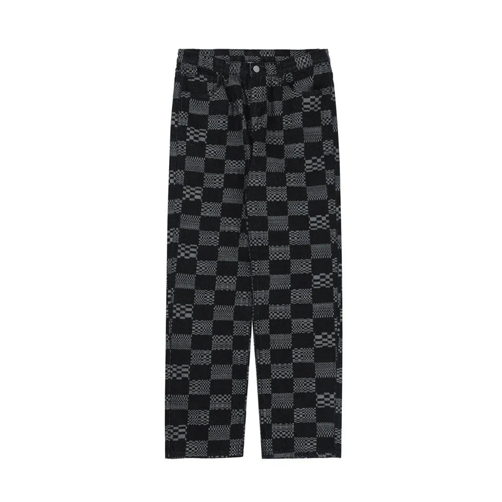 Men's black checkerboard jacquard straight loose fit cotton jeans