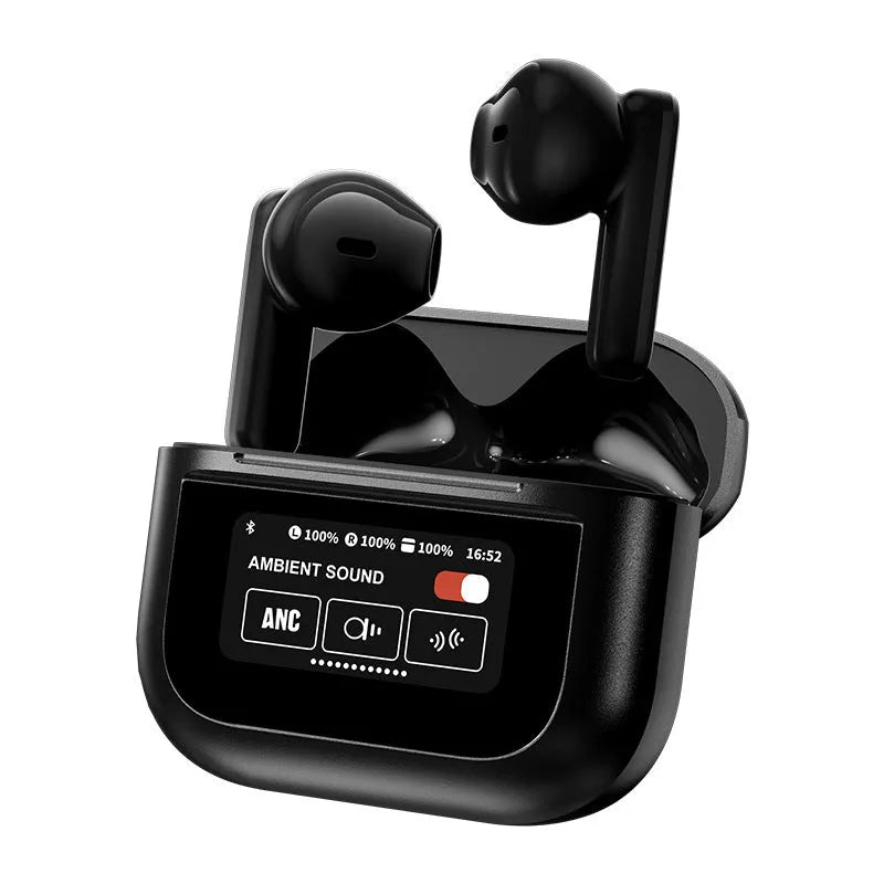 YX28 Bluetooth earphones with full-colour LCD touch screen display and ear hook design in black and white colour options