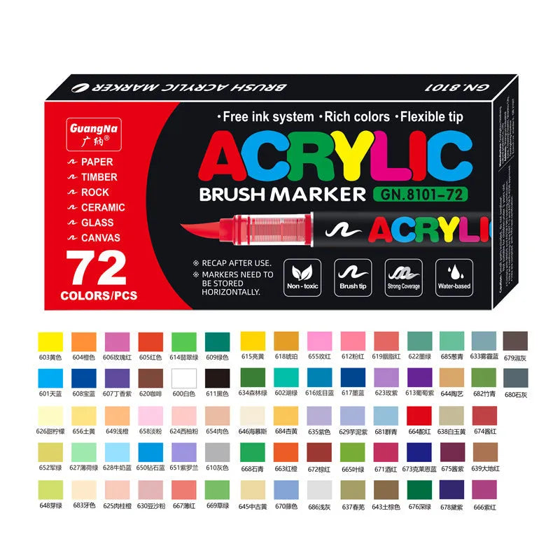 Set of straight liquid acrylic marker pens with soft felt tips, arranged by colour.