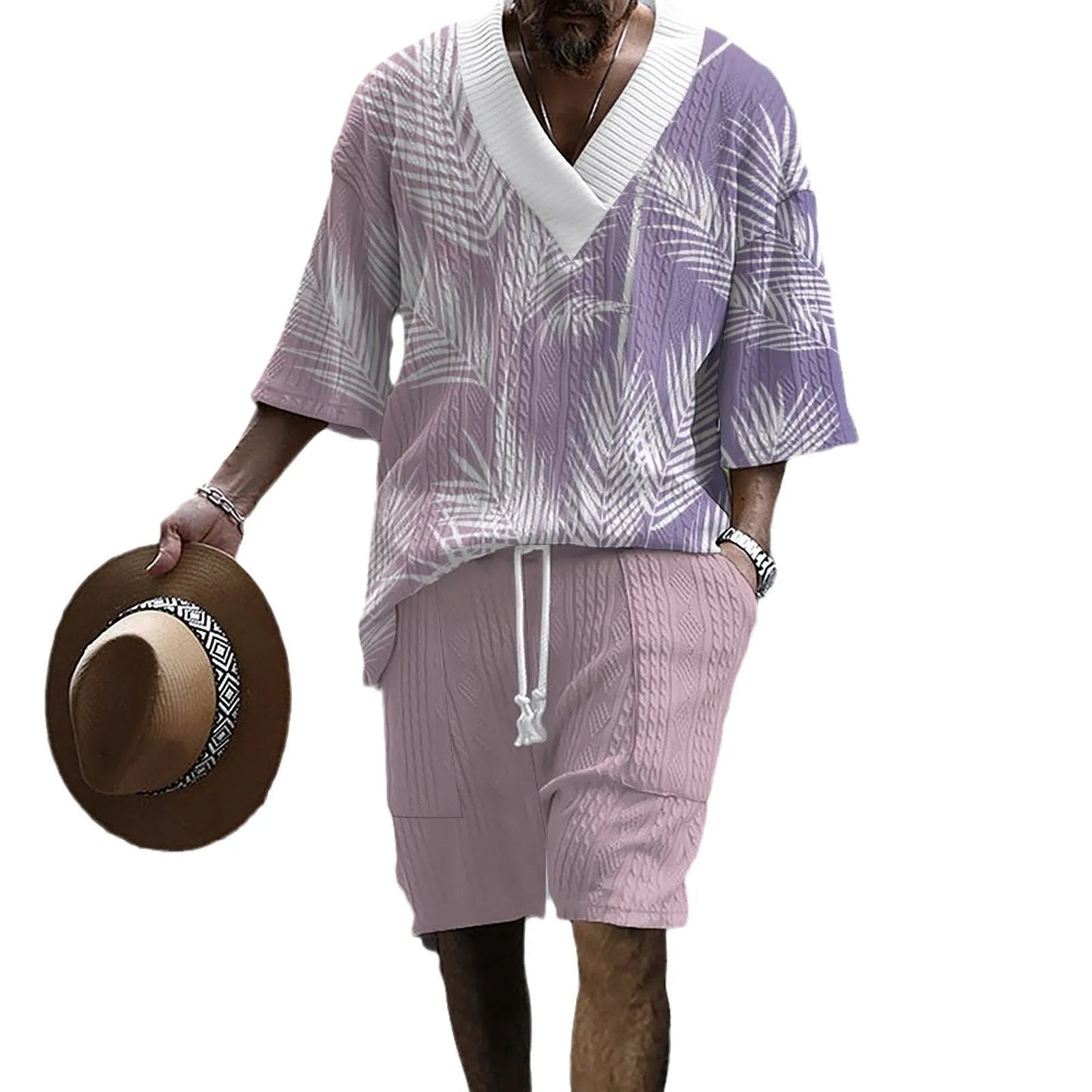 Men's grey knitted short-sleeved drop-shoulder top with matching shorts laid flat.