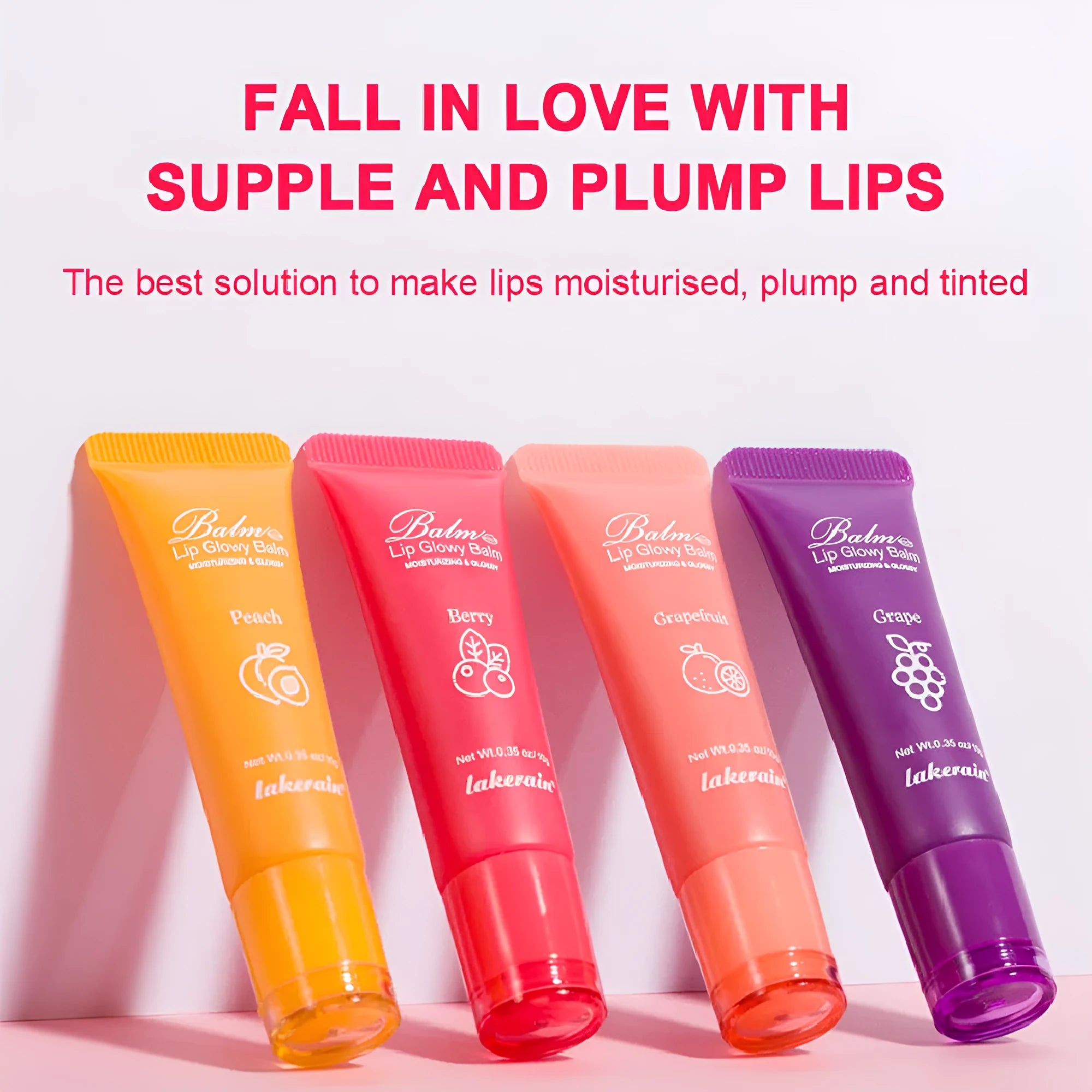 Women's lip gloss set showing four natural flavour options in standard lipstick format