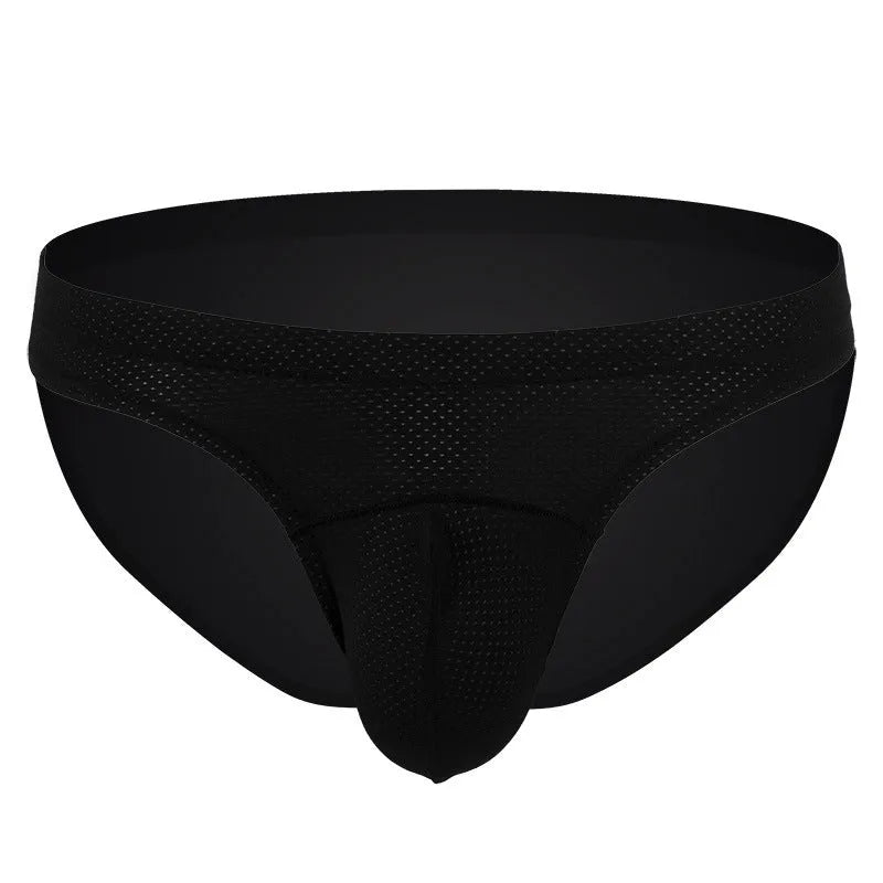 Men's loose transparent nylon underwear in blue, showing breathable fabric on a size chart.