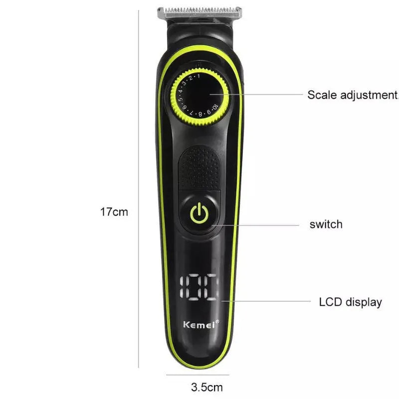 Black KM-696 USB rechargeable electric hair clipper with stainless steel blades on white background