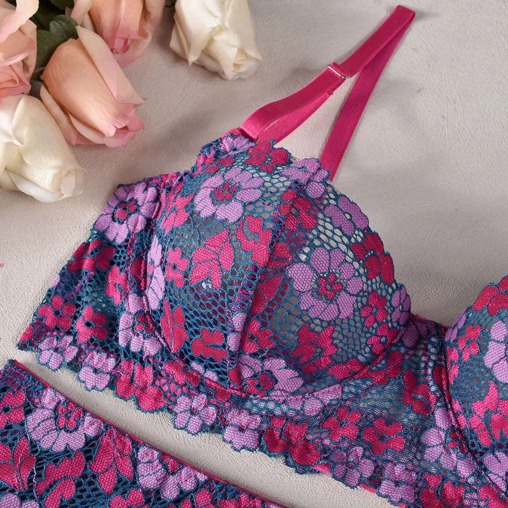 Women's rose red embroidered bikini set with contrast colour details