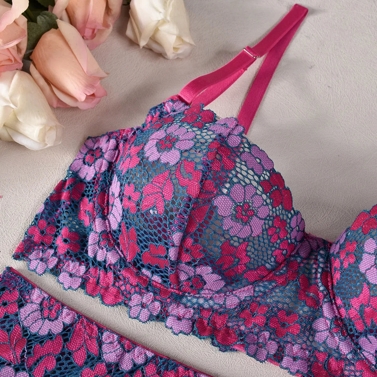 Women's rose red embroidered bikini set with contrast colour details