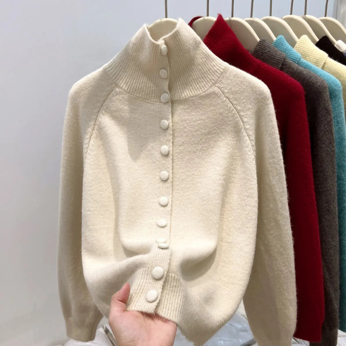 Women's turtleneck single-breasted cardigan in thick knitted polyester, button front, loose fit, available in multiple colours