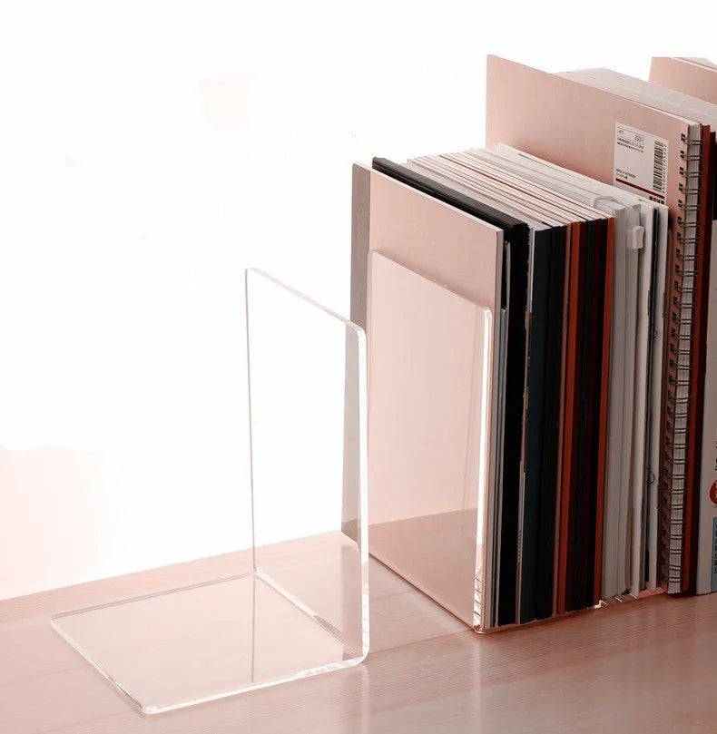 Transparent acrylic bookshelf displaying two books with smooth edges and clear plexiglass construction