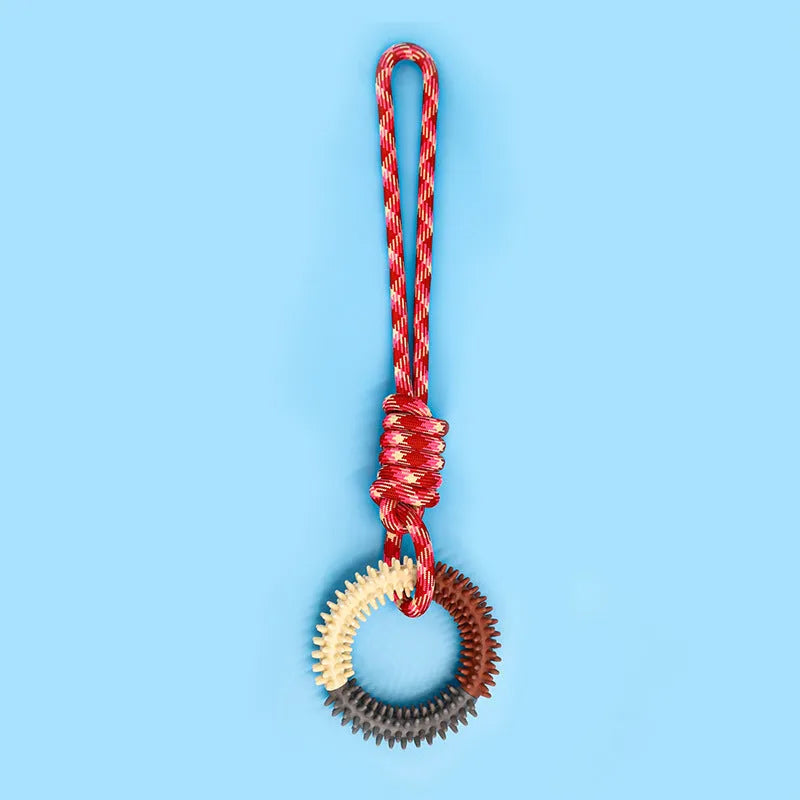 Braided rope dog chew toy with knots in blue colour, shown at 43 cm length