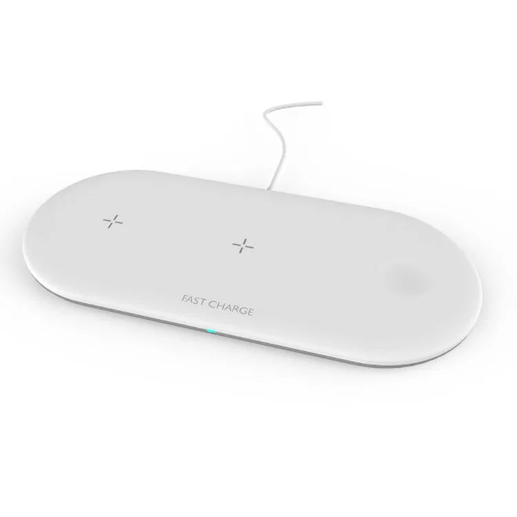 White 3-in-1 wireless charging station for Apple iPhone, watch and earbuds on a desktop