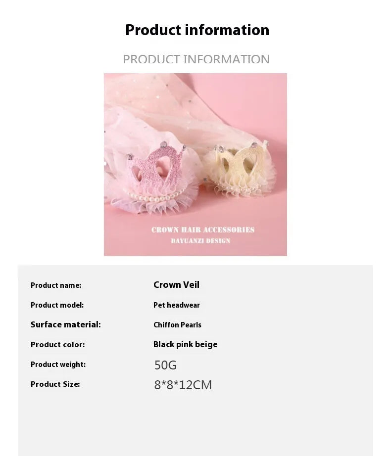 Pet cat wearing princess crown headdress with veil for wedding or celebration
