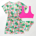Girls' three-piece swimsuit set with floral pattern and overskirt for swimming activities