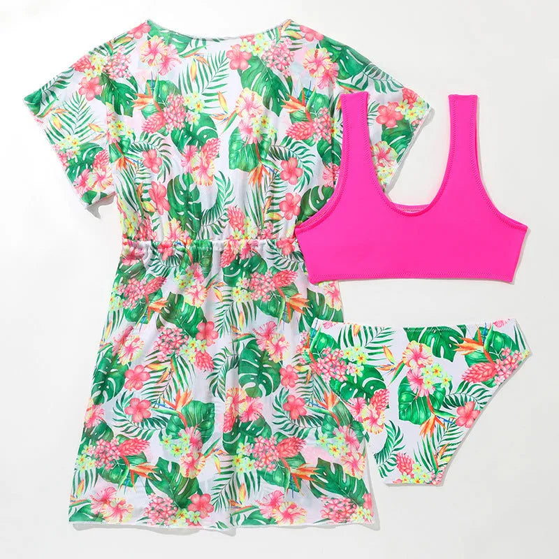 Girls' three-piece swimsuit set with floral pattern and overskirt for swimming activities