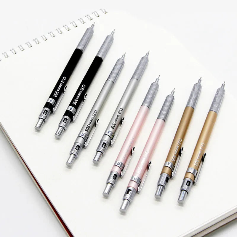 Japanese metal mechanical pencil in gold silver black pink colours showing 0.3mm 0.5mm lead options