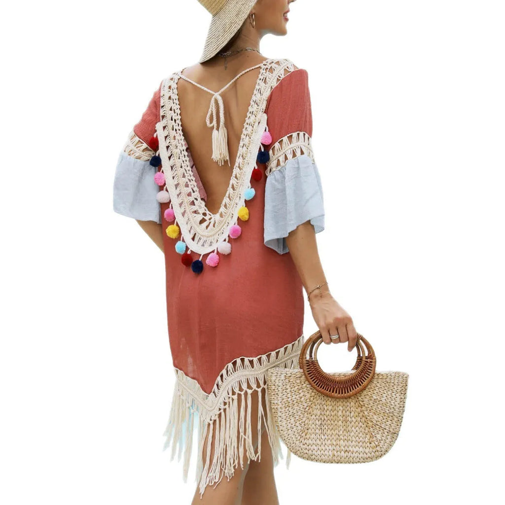 Orange floral pattern beach overskirt with hand crochet stitching and bamboo cotton tassel trim
