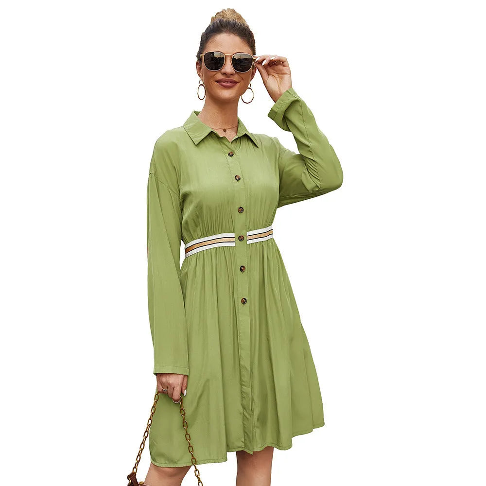 Women's casual summer dress with lapel collar, long sleeves, elastic waist, and A-line skirt in green