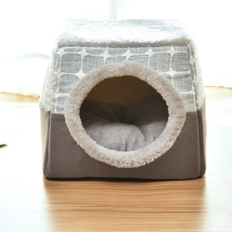 Closed cat room space box pet nest in grey velvet with enclosed design and high density sponge filling