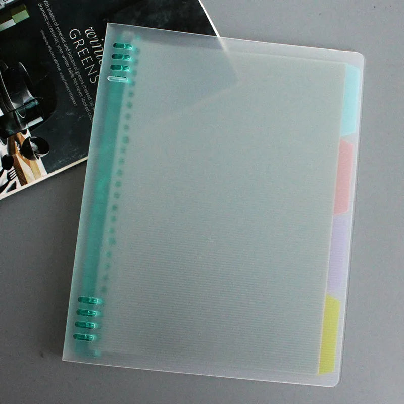 B5 refillable notebook with PP plastic shell in blue, green, pink, yellow, and transparent colours, showing 8-hole binder binding.