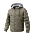 Men's casual quilted jacket with removable hood, long sleeves, straight hem, regular length, in army green colour