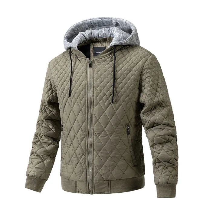 Men's casual quilted jacket with removable hood, long sleeves, straight hem, regular length, in army green colour