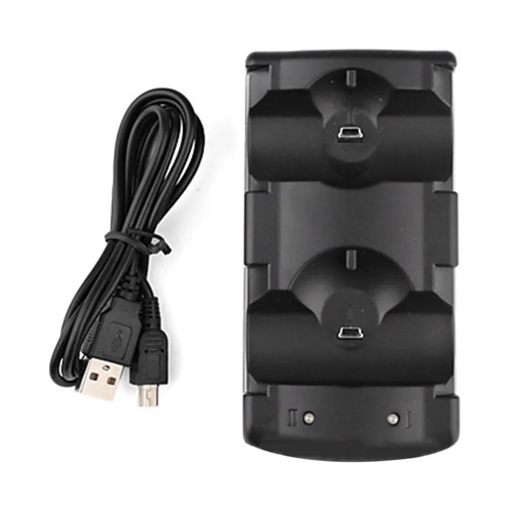Black dual USB charging dock for PlayStation 3 controllers and PS3 Move on a table