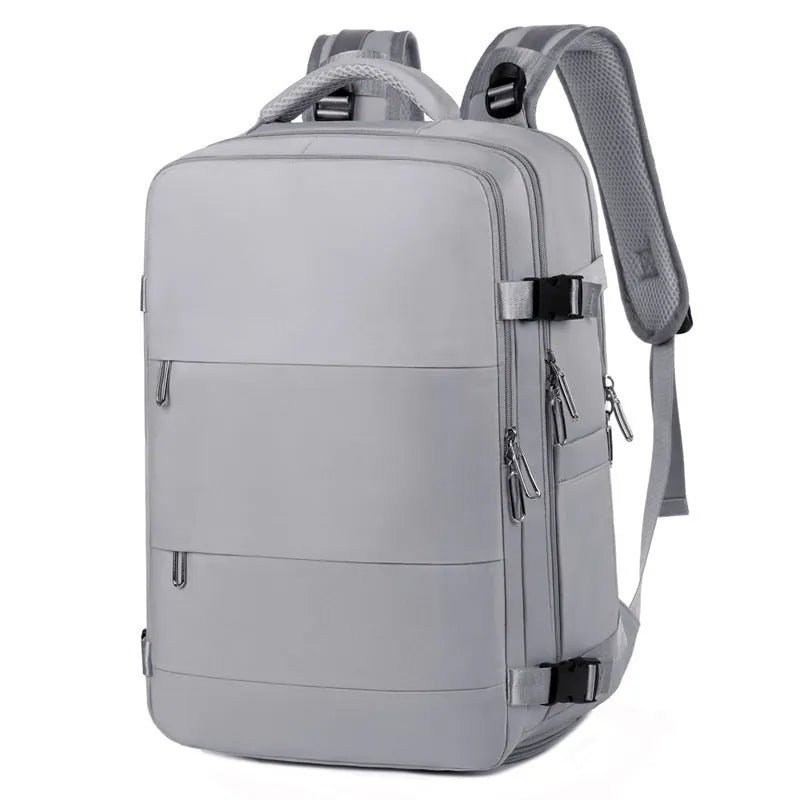 Large-capacity purple travel backpack with multiple compartments and air-pillow straps for organised travel