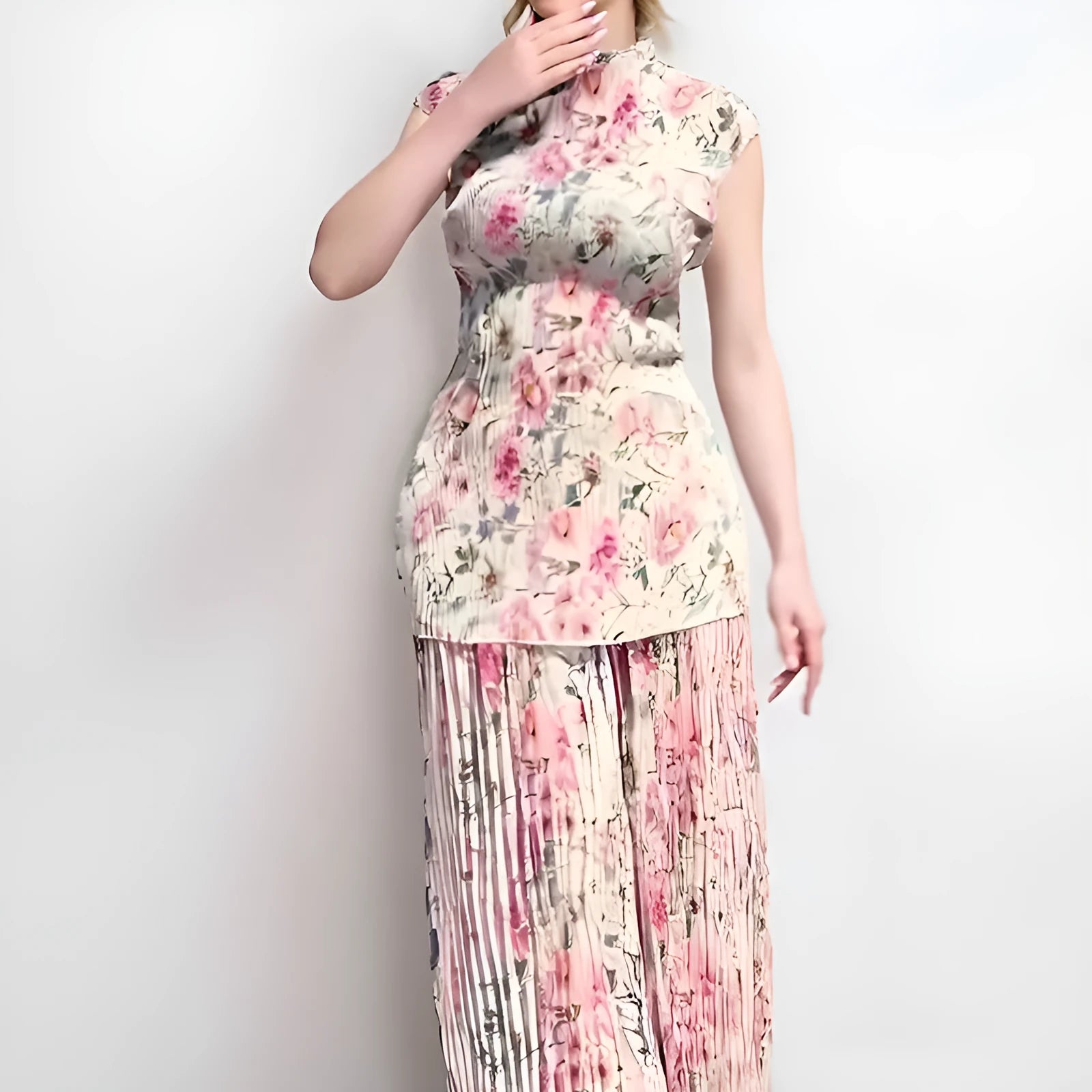 Women's printed chiffon dress set with high waist skirt and long sleeve top.