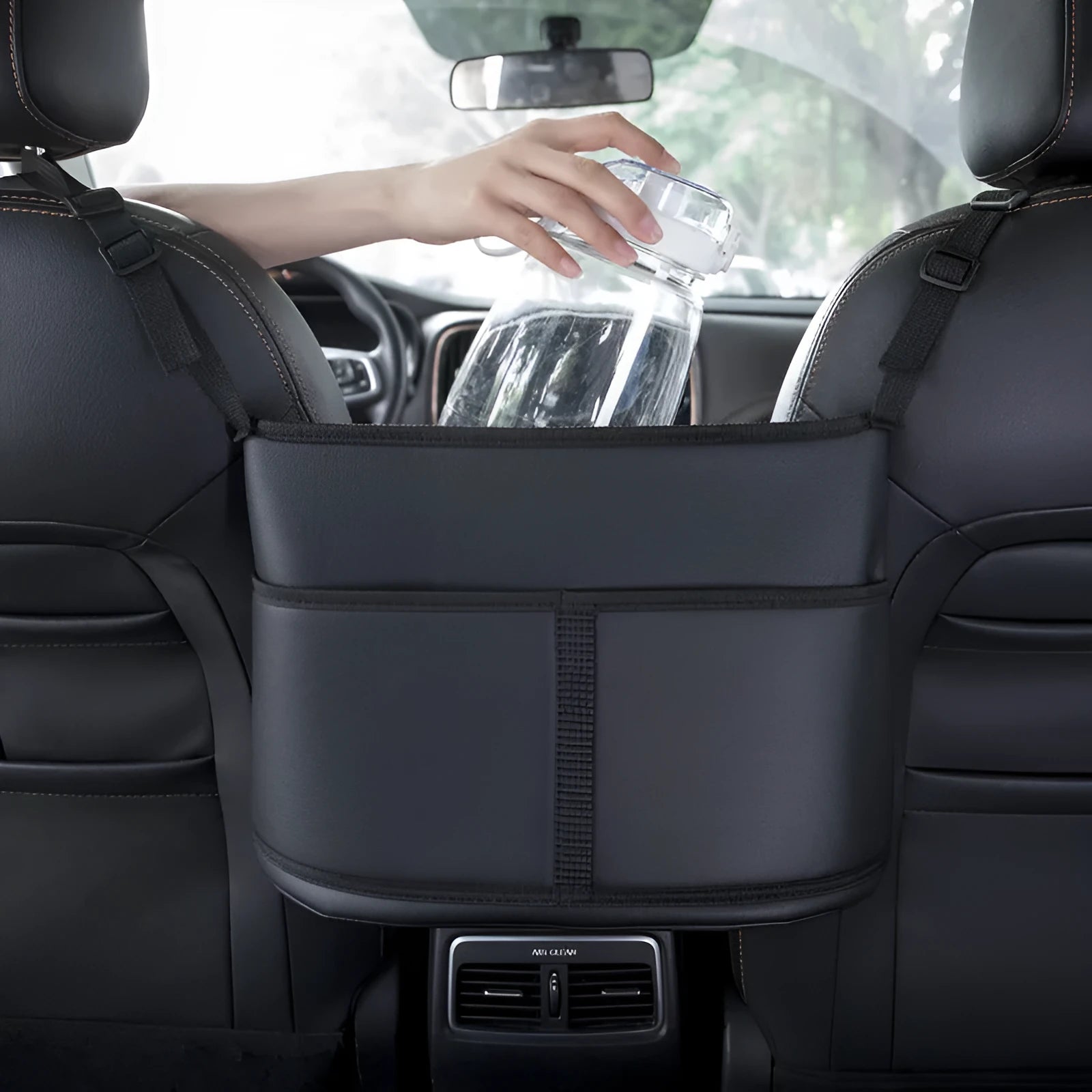 Black leather car seat storage bag with sports carbon fibre pattern, dimensions 38cm by 24cm by 15cm