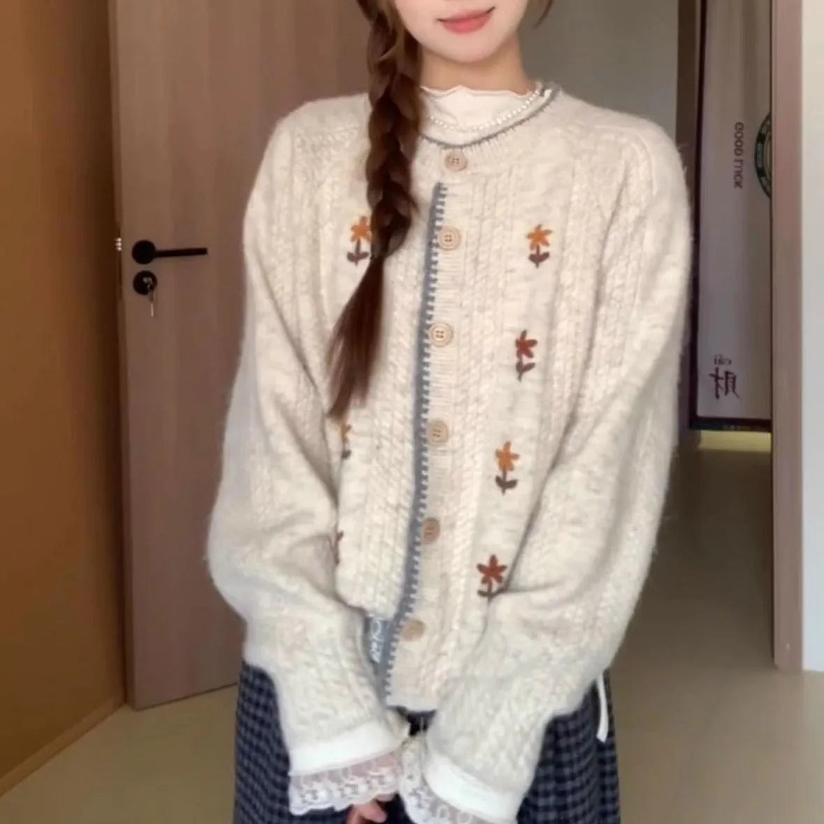 Women's oatmeal knitted cardigan with flower pattern, round neck, button front, long sleeves