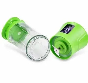 Blue handheld electric juicer with 400ml transparent cup and USB charging cable