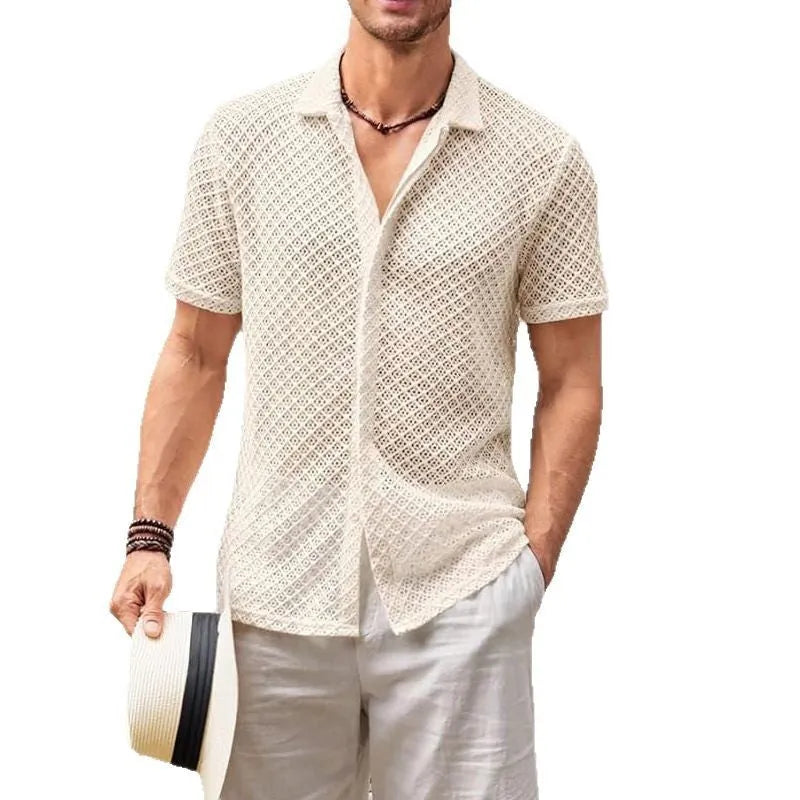 Men's short sleeve lapel shirt in cotton blend polyester fabric, available in milky white, white or black