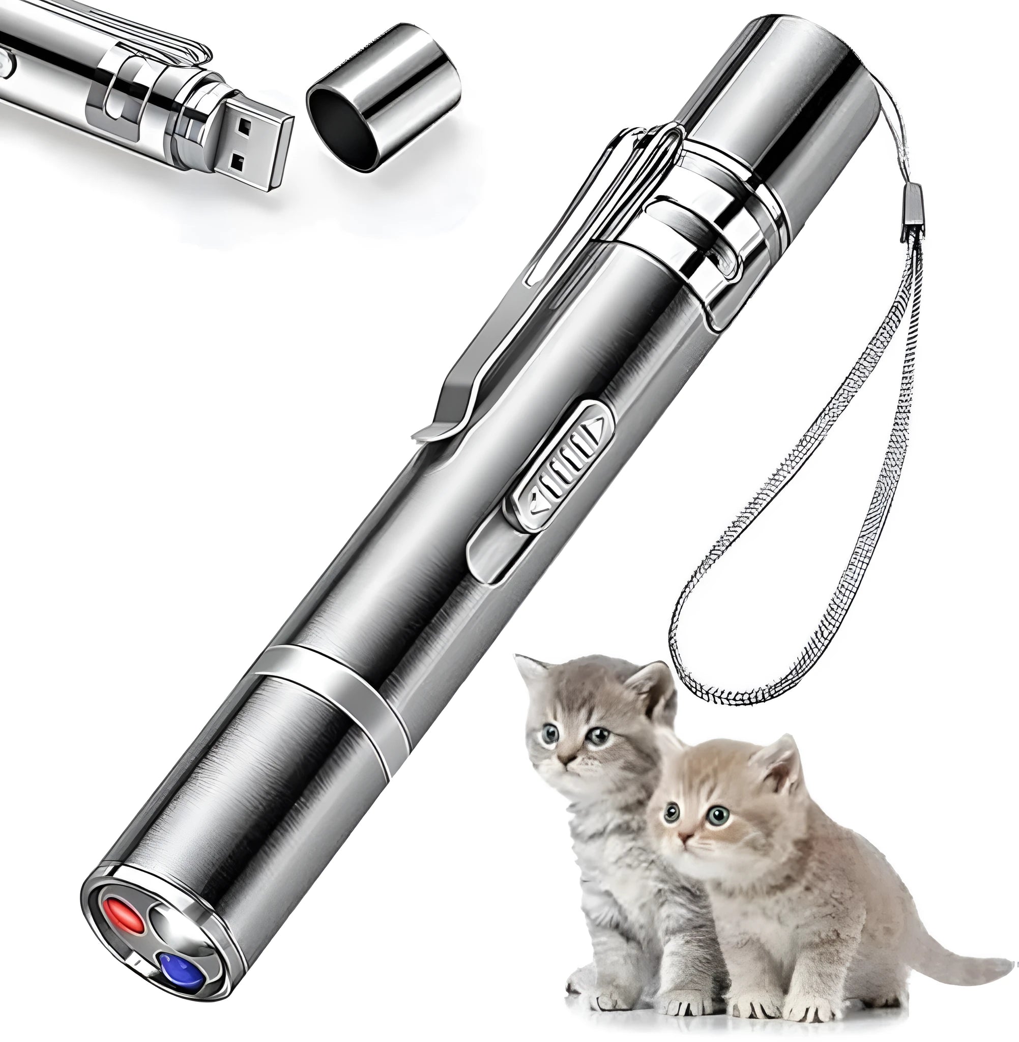 Silver aluminium alloy cat toy pointer wand with laser patterns for indoor pet play