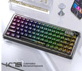 Attack Shark K75 wireless mechanical keyboard with transparent black case showing internal components and RGB lighting
