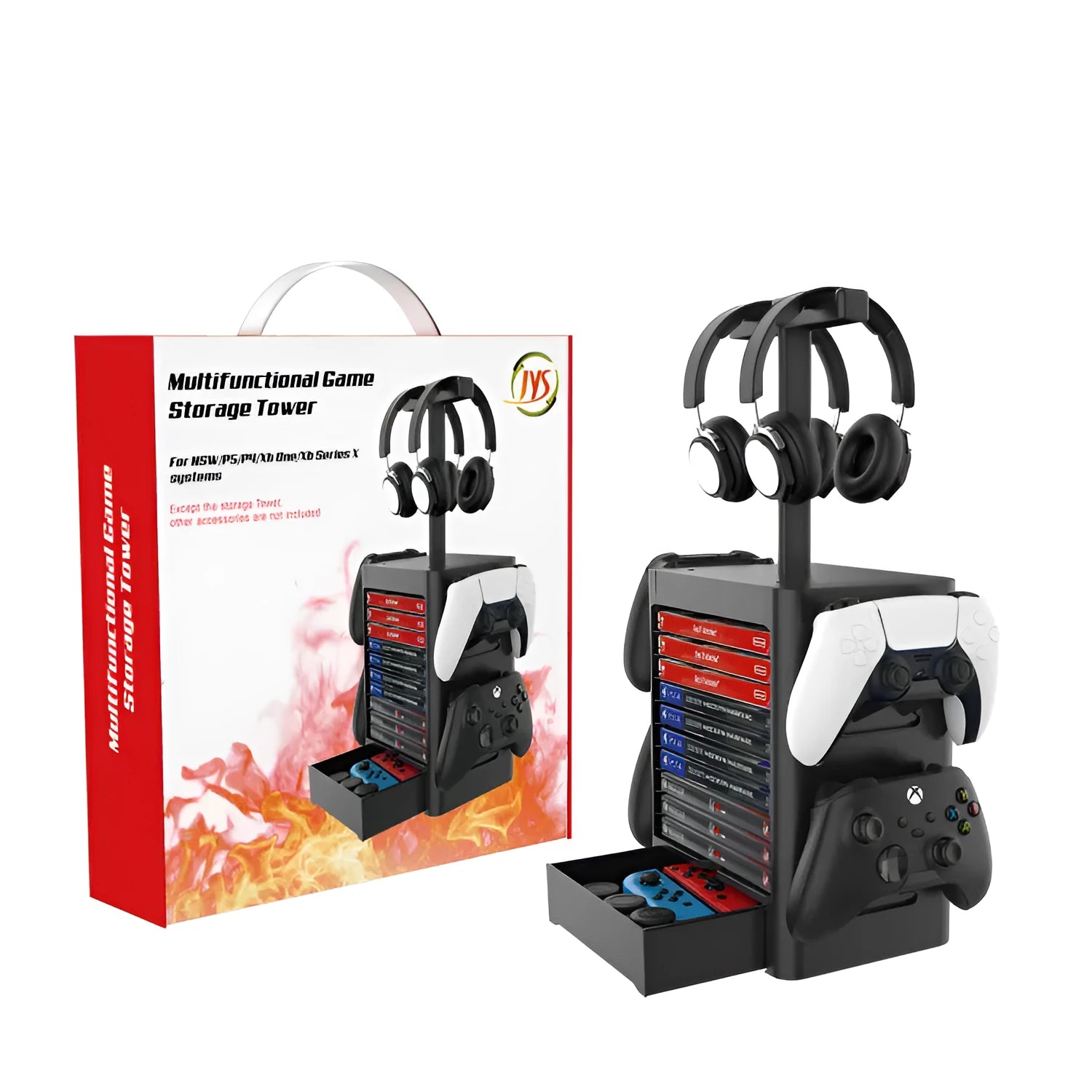Black game controller storage rack with accessory hooks and drawer for PS5 Xbox Switch