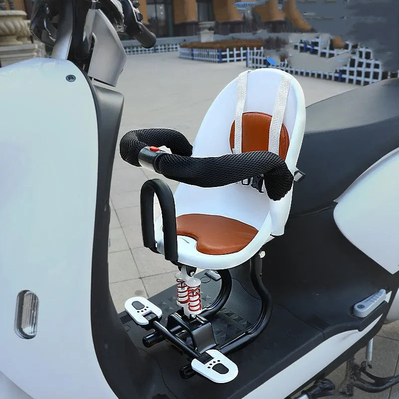 Front-mounted child seat for electric scooters with steel frame in black, red or white