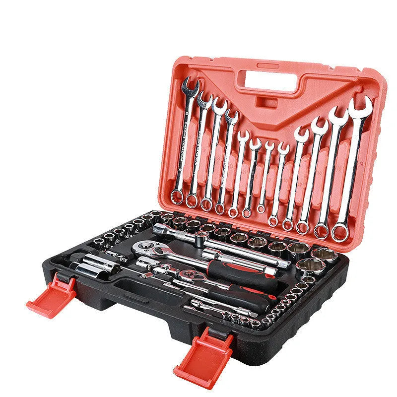61-piece chrome vanadium steel socket and wrench set with ratchets and extensions laid out in its storage box.