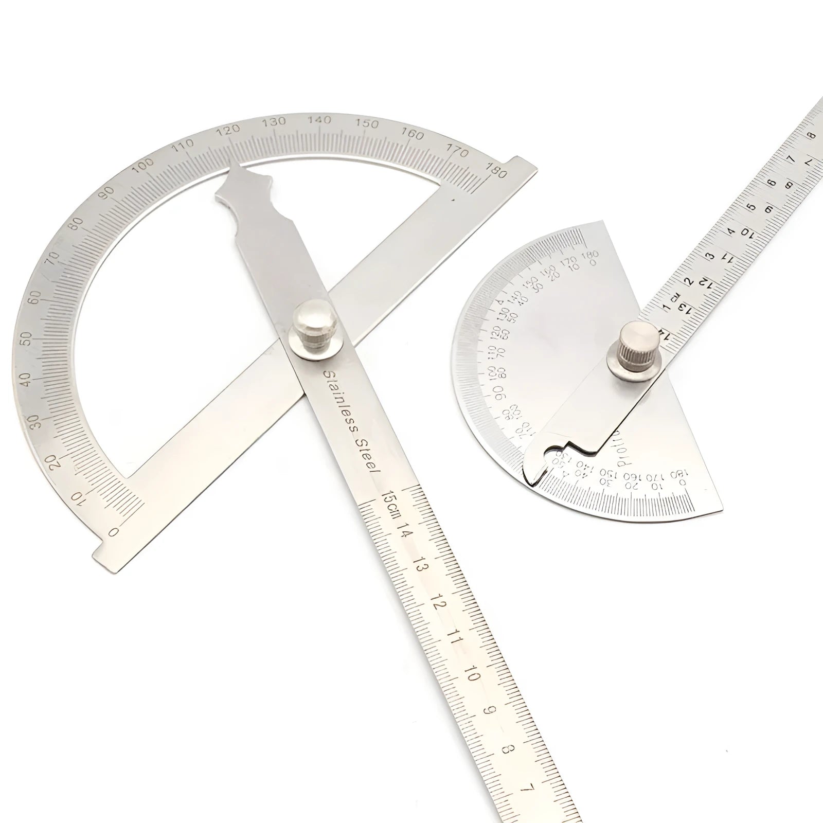 Adjustable protractor showing 0-180 degree scale in 15cm and 14.5cm sizes