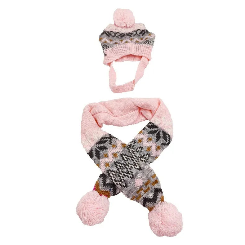 Japanese-style retro jacquard pet sweater, scarf and hat set in grey or pink colours for small dogs and cats