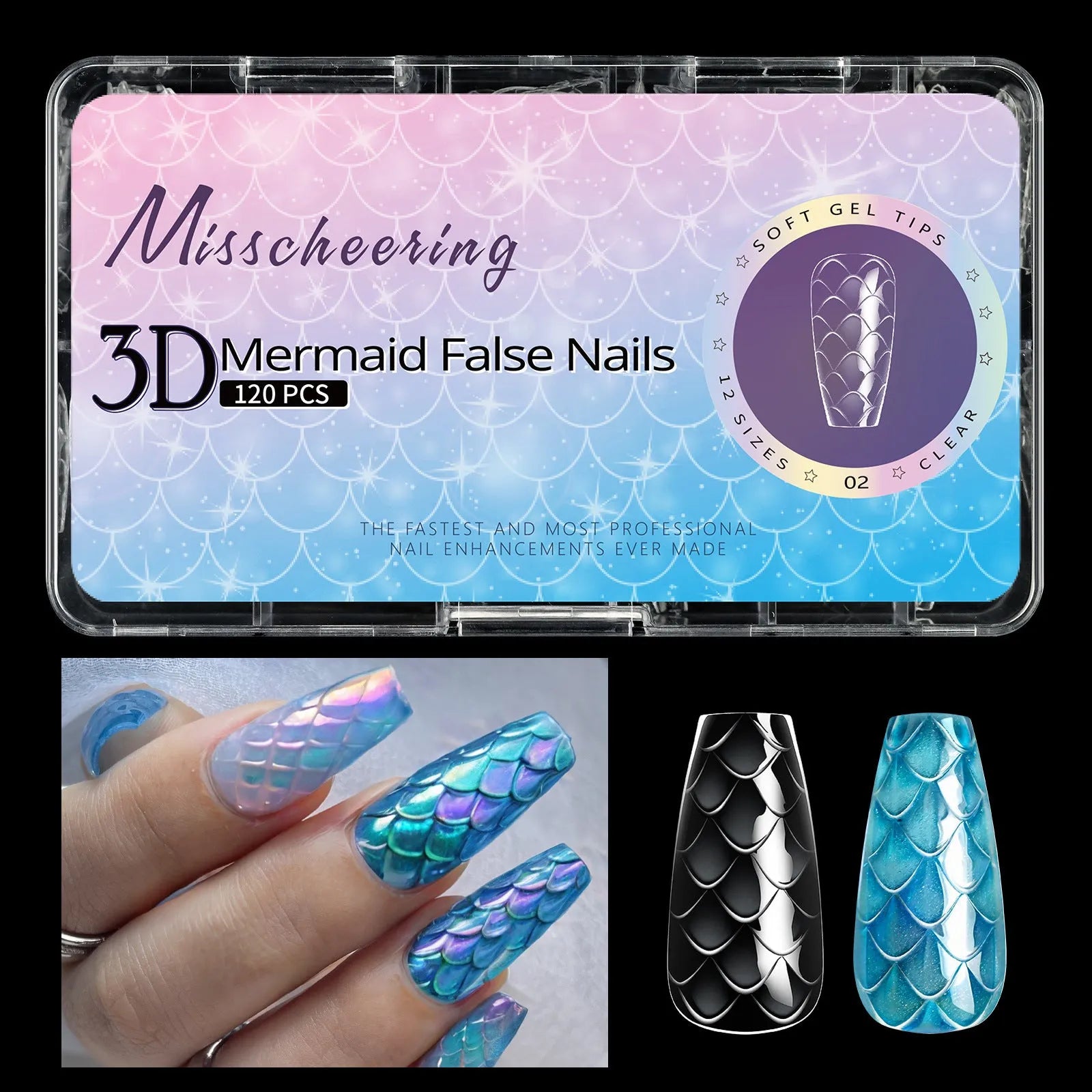 3D scale textured long shaping artificial nail tips in a Frigate box, showing colour mix options 01 to 07.
