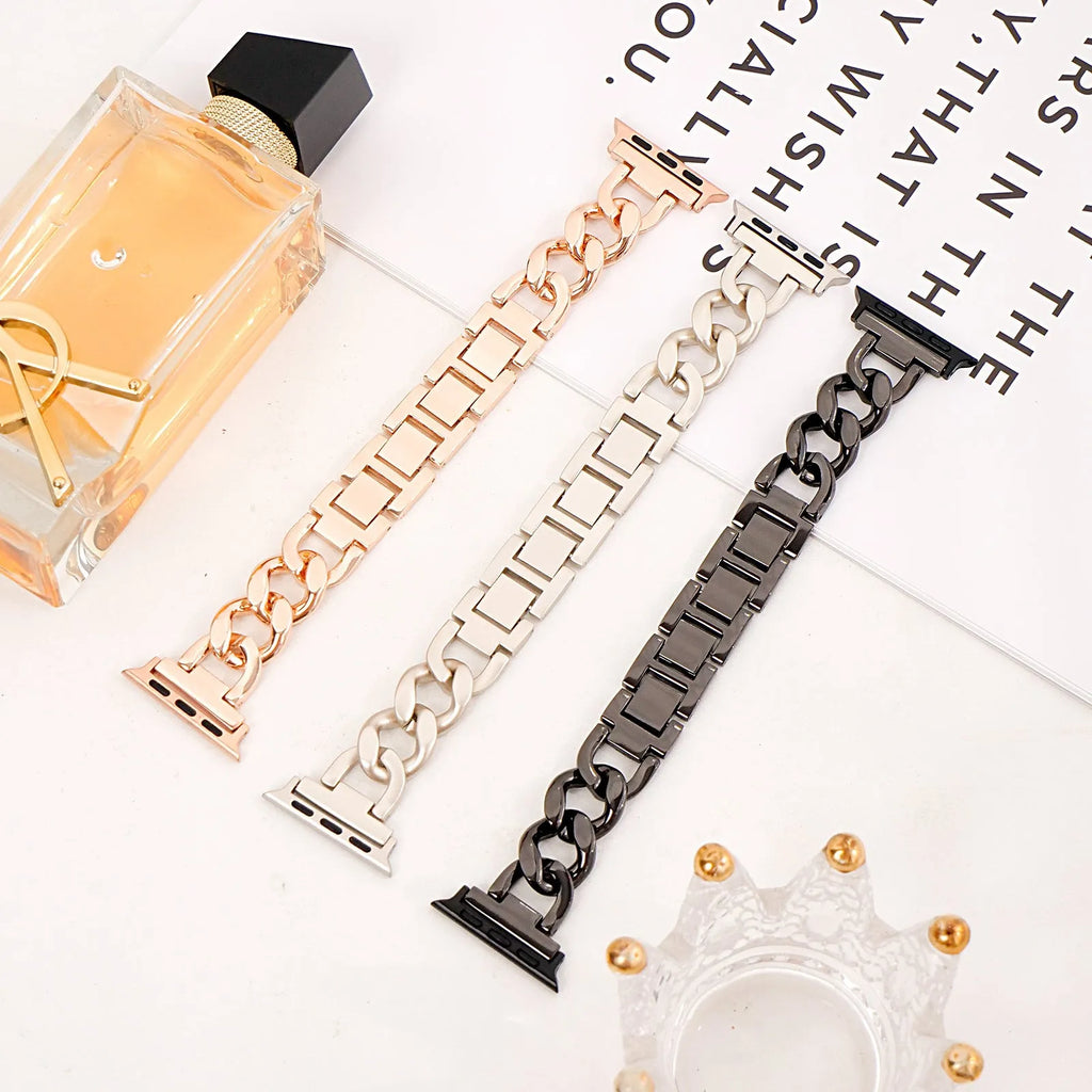 Metal denim chain link Apple Watch strap in silver, black, gold, rose gold and starlight colours.