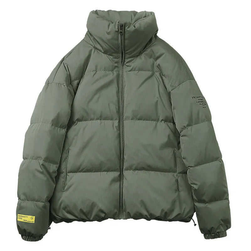 Men's stand collar padded jacket in black, polyester filling, zipper front, side slit pockets, straight hem, loose fit