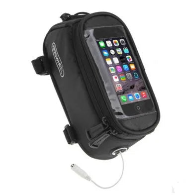 ROSWHEEL black bicycle frame bag mounted on bike, holding an iPhone, showing size scale.