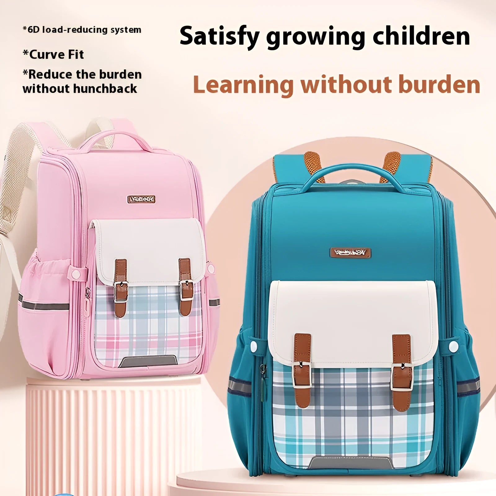 Lightweight large capacity student school backpack in Oxford cloth available in navy blue, pink, green, and beige.