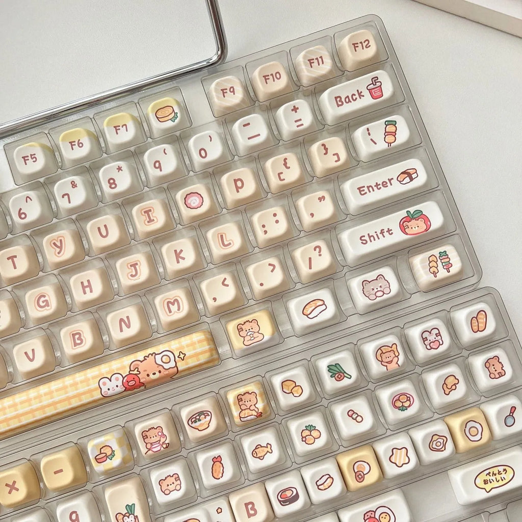 Set of 140 PBT keyboard key caps with Rabbit Bear Restaurant theme in EOA height profile.