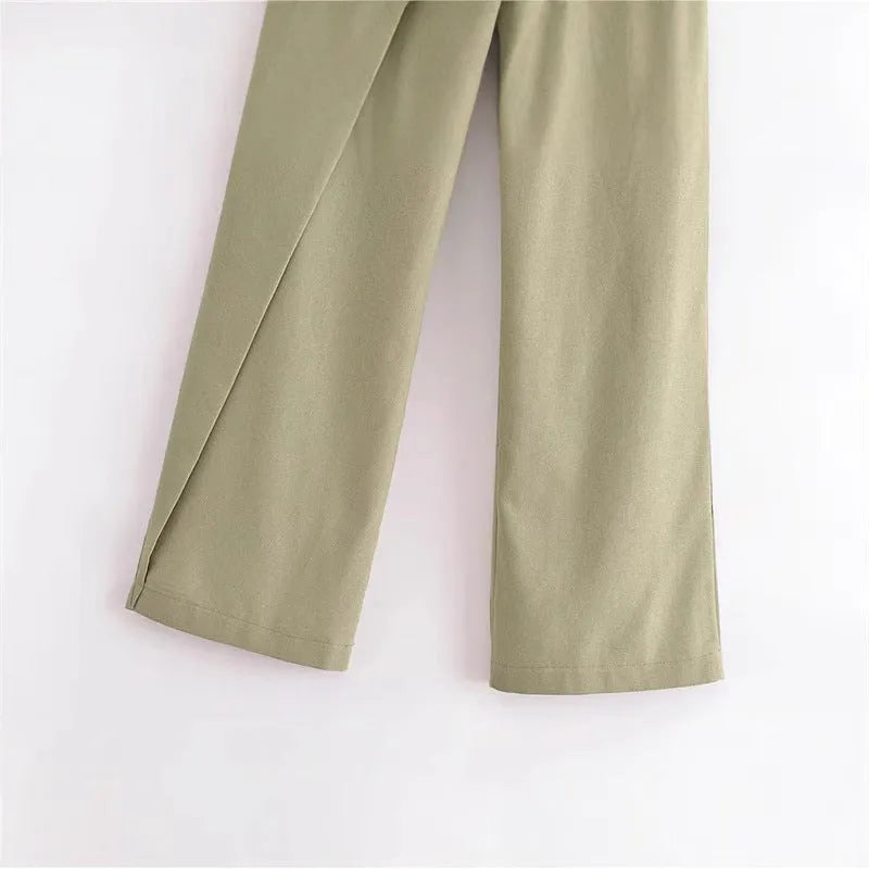 Women's casual straight linen trousers in khaki, mid-waist cotton blend with micro elasticity, sizes XS to L