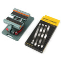 Mobile phone repair fixture with adjustable sides, silicone grips, and a included demolition crowbar tool on a workbench.