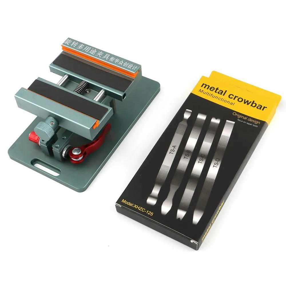 Mobile phone repair fixture with adjustable sides, silicone grips, and a included demolition crowbar tool on a workbench.